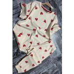 Kız Çocuk Küçük Sevimli Kalp Baskılı T-Shirt Krem Pijama Takımı 8-14 Yaş