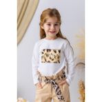 Kız Çocuk Leopar Baskılı Uzun Kollu T-Shirt - Beyaz - 4 Yaş