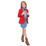 Kız Çocuk Leopar Desenli Fiyonk Detaylı Kot Gömlek Kırmızı Blazer Ceket Etekli Takım Kırmızı 11-12 YAŞ
