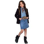 Kız Çocuk Leopar Desenli Fiyonk Detaylı Kot Gömlek Siyah Blazer Ceket Etekli Takım Siyah 6-7 YAŞ