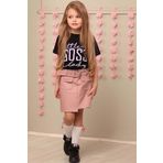 Kız Çocuk Little Boss Yazı Baskılı T-Shirt Cep Detaylı Kemerli Pudra Deri Etekli Takım