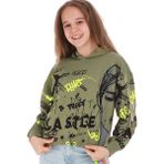 Kız Çocuk Loco Yazılı Resim Desenli Crop Model Kapüşonlu Haki Renk Sweatshirt - 14 Yaş