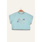 Kız Çocuk Nakış Detaylı Crop T-Shirt - Mint - 1 - 2 Yaş