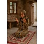 Kız Çocuk Namaz Elbisesi Desenli Fermuarlı - Sarı - 6 - 7 Yaş