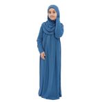 Kız Çocuk Namaz Elbisesi- Kaşkorse Pratik Başörtülü (Açık Petrol, 9-11 Yaş)