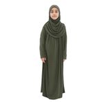Kız Çocuk Namaz Elbisesi- Kaşkorse Pratik Başörtülü (Haki, 9-11 Yaş)