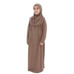 Kız Çocuk Namaz Elbisesi- Kaşkorse Pratik Başörtülü (Koyu Vizon, 9-11 Yaş)