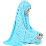 Kız Çocuk Namaz Elbisesi Yıldız Desenli Uzun Başörtülü - 4 - 5 Yaş - Turkuaz