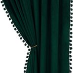 Kız Çocuk Odası için Pom Pom Kadife Perdeler - 2 Panel, Isı Yalıtımlı, Yarım Karartma Perdeleri, Oda Karartma, Güneş Işığı Engelleme, Yeşil, 140 x 245 cm (G x U)