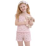 Kız Çocuk Pamuklu Çiçek Desenli Fiyonklu Askılı Şortlu Pijama Takımı Pembe