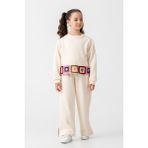 Kız Çocuk Pamuklu Ekru Patch Detaylı Sweatshirt ve Yırtmaçlı Bol Paça Eşofman Takım - 9 - 10 Yaş