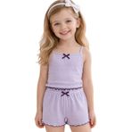 Kız Çocuk Pamuklu Fiyonklu Askılı Şortlu Pijama Takımı Lila