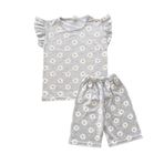 Kız Çocuk Pamuklu Gri Renk Papatya Desenli Kısa Kollu Yazlık Şortlu Pijama Takımı (Gri, 4-5 yaş)