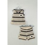 Kız Çocuk Pamuklu Krem Siyah Çizgili Papatya Aplikeli Şortlu Takım - 5 - 6 Yaş - Karışık