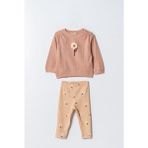 Kız Çocuk Pamuklu Pembe Çiçek Desenli Ikili Takım - Sweatshirt ve Tayt - 2 - 3 Yaş
