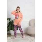 Kız Çocuk Pamuklu Penye Kumaş Turuncu-Mor Renk Çiçek Detaylı Pijama Takımı - 9 Yaş
