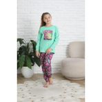 Kız Çocuk Pamuklu Penye Kumaş Yeşil-Mor Renk Çiçek Detaylı Pijama Takımı - 8 Yaş