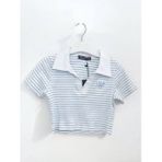 Kız Çocuk Pamuklu Polo Yaka Çizgili Crop Bluz (Beyaz)