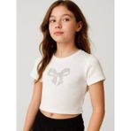 Kız Çocuk Pamuklu Taşlı Fiyonk Işlemeli T-Shirt - Ekru - 7 - 8 Yaş