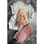 Kız Çocuk Papatya ve The Beauty Yazı Baskılı Penye T-Shirt Pudra Şortlu Takım - 5 - 6 Yaş