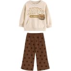 Kız Çocuk Peluş Teddy Bear Aplikeli Sweatshirt Bol Kesim Puantiye Eşofman Altı Takım - Acı Kahve - Bej - 2 - 3 Yaş