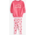 Kız Çocuk Pembe Süzene Sloganlı Kışlık 3 Iplik Pamuklu Sweatshirt Kalpli Tayt Alt-Üst Takım - 2 - 3 Yaş - 00406 Pembe