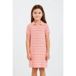 Kız Çocuk Renkli Çizgili Polo Yaka Triko Yazlık Mini, Midi Elbise - Pembe - 14 Yaş