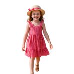 KIZ ÇOCUK ŞAPKALI ELBİSE KARELİ FİYONKLU B33 PEMBE 3 Yaş