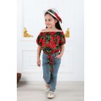 Kız Çocuk Şapkalı , Jeans Pantolon , Bluz Yazlık Ikili Takım M00731 - Kırmızı - 2 Yaş