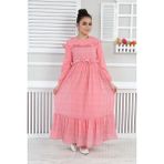 Kız Çocuk Şifon Kumaş Desenli Astarlı Bel Lastikli Uzun Kol Elbise-ELB-0030 - Pembe - 15 - 16 Yaş
