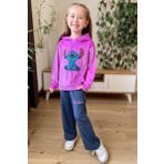 Kız Çocuk Stitch Karakter Baskılı Pullu Sweatshirt Mor Kadife Eşofman Takım