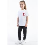 Kız Çocuk Türk Bayrak Göğüs Arma Baskılı Beyaz Tshirt - 8 Yaş