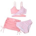 Kız çocuk üç parçalı mayo, leopar baskılı, sarma bikini ve örtü etek, 5, 10 yaş, üç parçalı bikini, kız çocuk, yaz, Pembe., 6-7 Yaşe