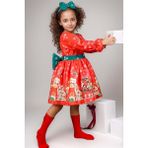Kız Çocuk Üzeri Ev ve Ayıcık Desenli Beli Şerit Üzeri Puantiyeli Kırmızı Noel Elbise - 5 - 6 Yaş