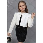 Kiz Cocuk Uzeri Tas Islemeli Etek Askili Penye Bluz Ve Beyaz Blazer Ceket Etekli Takim