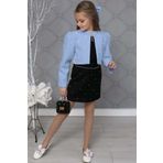 Kiz Cocuk Uzeri Tas Islemeli Etek Askili Penye Bluz Ve Mavi Blazer Ceket Etekli Takim