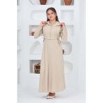 Kız Çocuk Uzun Gofre Kumaş Jile & Elbise Iki Parça Takım Tesettür Elbise – Astarlı Zarif SET-4948-ELB-2048 - 13 - 14 Yaş - Bej
