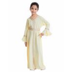 Kız çocuk uzun kollu kaftan maksi dua kıyafeti, müslüman elbisesi, abiye, koşu kıyafeti, kız çocukları için, 146 çocuk seti, Sarı, 7-8 Yaş