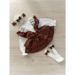 Kız Çocuk ve Bebek Kahve Askılı Kat Kat Etek Salopet Jile Gömlek Bandana Çorap Takım Kombin - Kahverengi - 4 Yaş