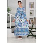 Kız Çocuk Viskon Kumaş Desenli Uzun Saks Mavi Tesettür ELBISE-ELB-0019 - 10 - 11 Yaş