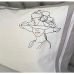 Kız Desenli Beyaz Renkli, Gri Çizgili Yastık Kılıfı - 50 x 70