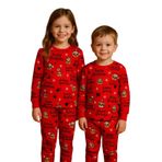 Kız-Erkek Çocuk Pijama Takımı, Yılbaşı Temalı, Uzun Kollu, Kırmızı, Merry Christmas Baskılı, Emoji Desenli, İnterlok Kumaş 4-8 Yaş Arası (Unisex) (5 YAŞ)