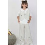 Kız Keten T-Shirt Yelek Pantolon 3lü Takım - 4 - 5 Yaş - Krem