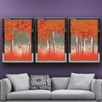 Kızıl Yapraklı Ağaçlar Temalı Aynalı Çerçeveli 3 lü Kanvas Tablo Seti 150x70 cm SETS0261