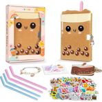 Kızlar için Hediye Seti, Kilitli ve Anahtarlı Günlüğü, Genç Kızlar için Boba Çay Peluş Günlüğü, kızlar için bulanık günlük, Çantalı Kawaii Doğum Günü Hediyesi Seti, Bilezik, 4 Payet Kalemi, Post-it