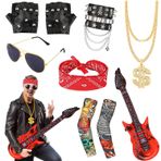 KKSJK 80'li 90'lı Gotik Rocker Kit Erkek, Punk Kostüm Aksesuarları - Güneş Gözlüğü | Altın Zincirler | Alın Bandı | Dövme Kolları | Punk Eldiven | Şişme Gitar | Hip Hop için PU Deri Bileklik