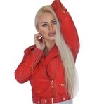 Klasik Biker Stil Kırmızı Kadın Deri Ceket L