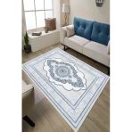 Klasik Desenli Dijital Baskılı Kaymaz Taban Yıkanabilir Salon Halısı Oturma Odası Halısı 100 X 500 Cm Mavi