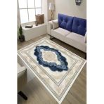 Klasik Desenli Dijital Baskılı Kaymaz Taban Yıkanabilir Salon Halısı Oturma Odası Halısı 80 X 200 Cm Lacivert