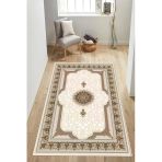 Klasik Desenli Göbekli Baskılı Kaymaz Yıkanabilir Salon Oturma Odası Halısı Yolluk 100 X 300 Cm Bej